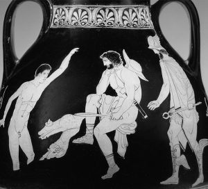 Greek vase depicting Odysseus and the ghost of Elpenor in Hades