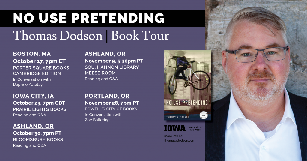 Photo of the author and book cover with listing of locations and dates of book tour